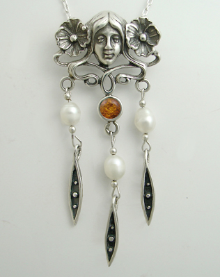 Sterling Silver Woman Maiden of the Garden Necklace With Amber And Cultured Freshwater Pearl